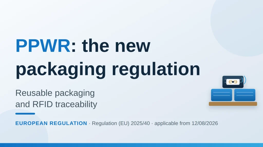 PPWR packaging regulation: returnable crates on a pallet identified with an RFID label